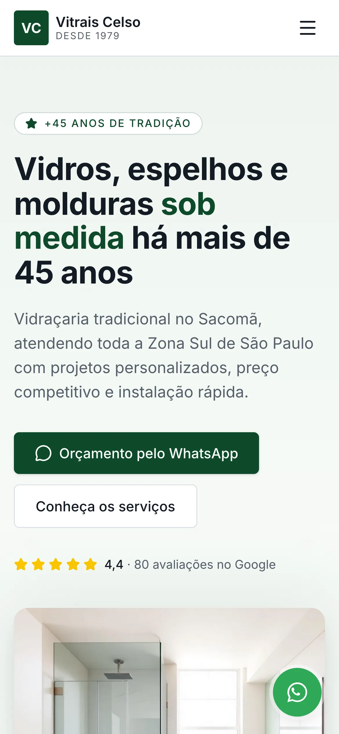 Topo do site da Vitrais Celso no celular