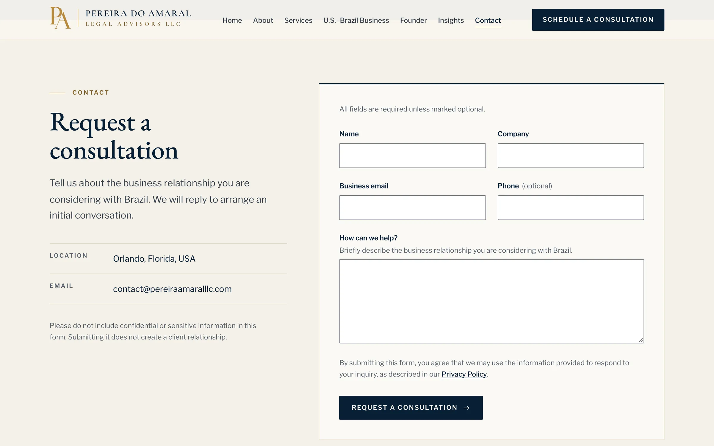 Formulário “Request a consultation”