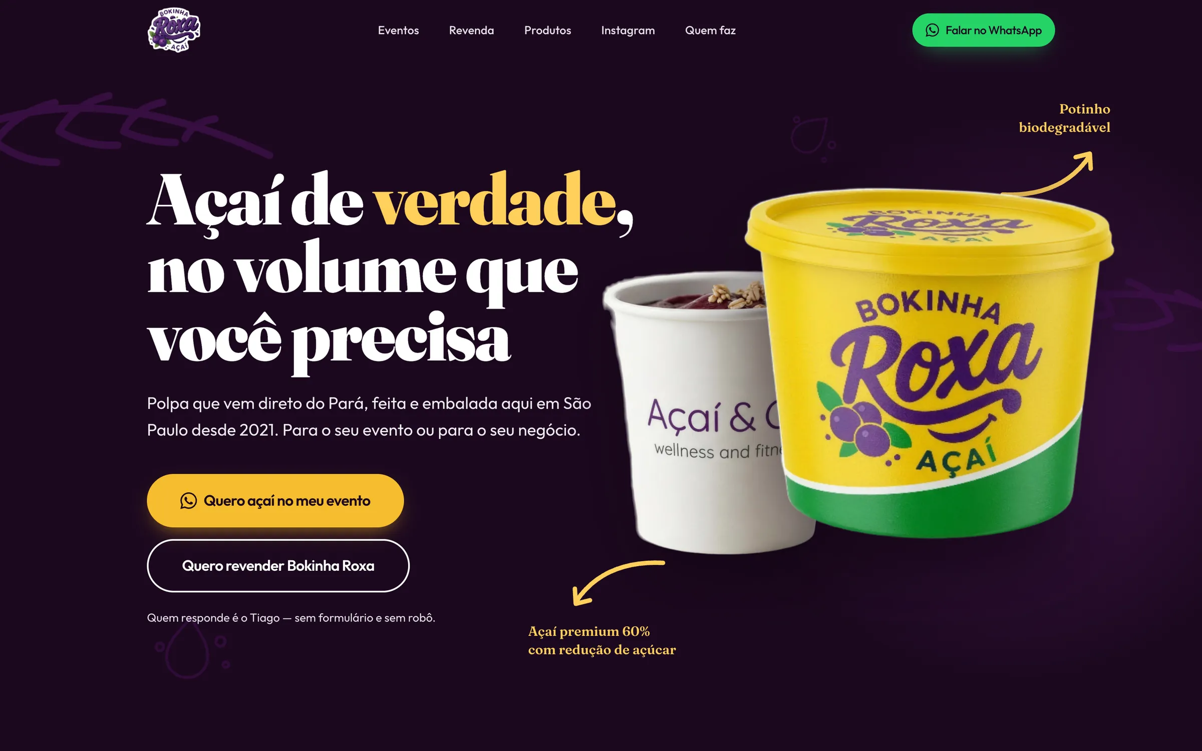 Topo do site da Bokinha Roxa em computador: “Açaí de verdade, no volume que você precisa” sobre fundo roxo, com os potes da marca