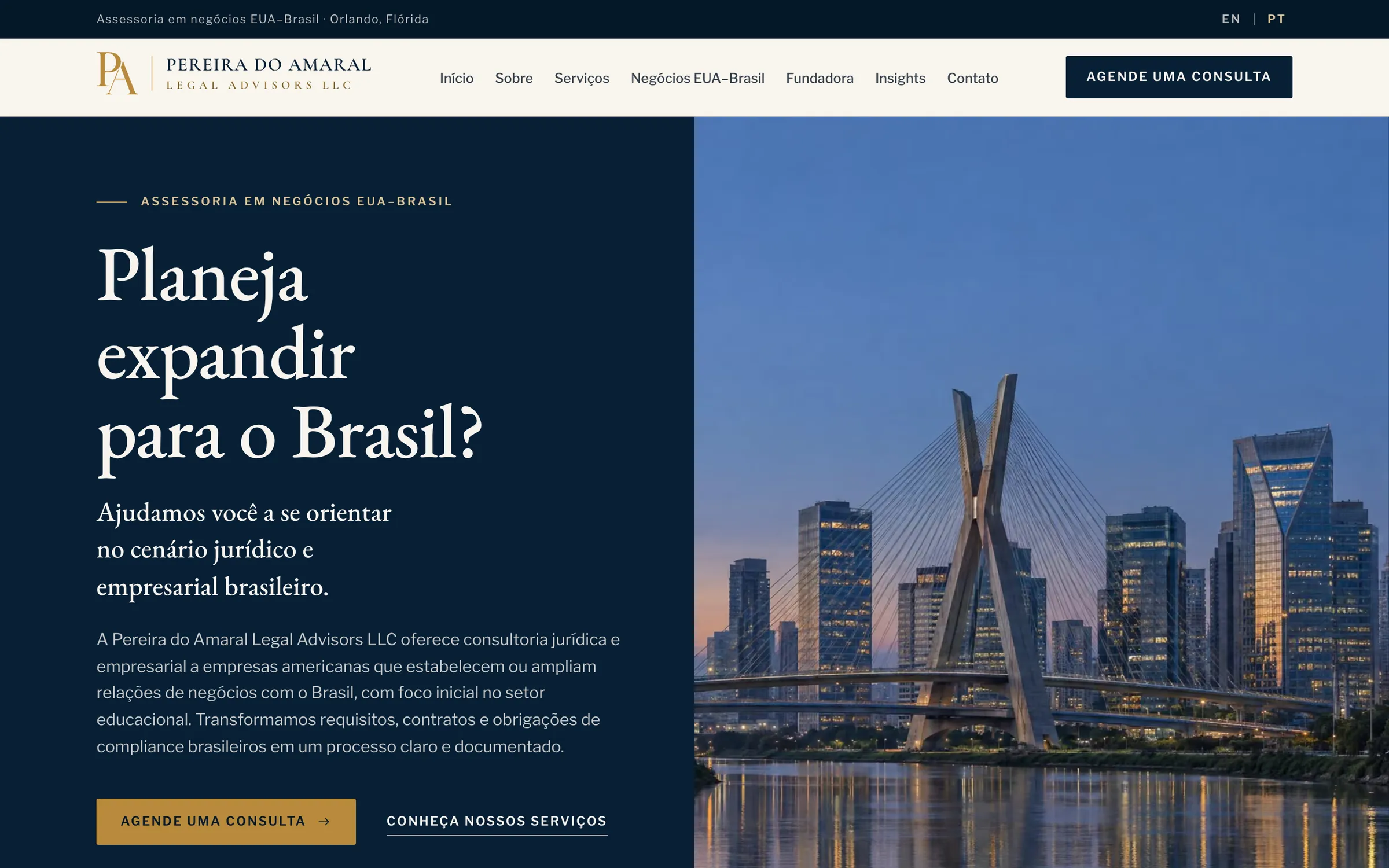 Topo da versão em português: “Planeja expandir para o Brasil?”