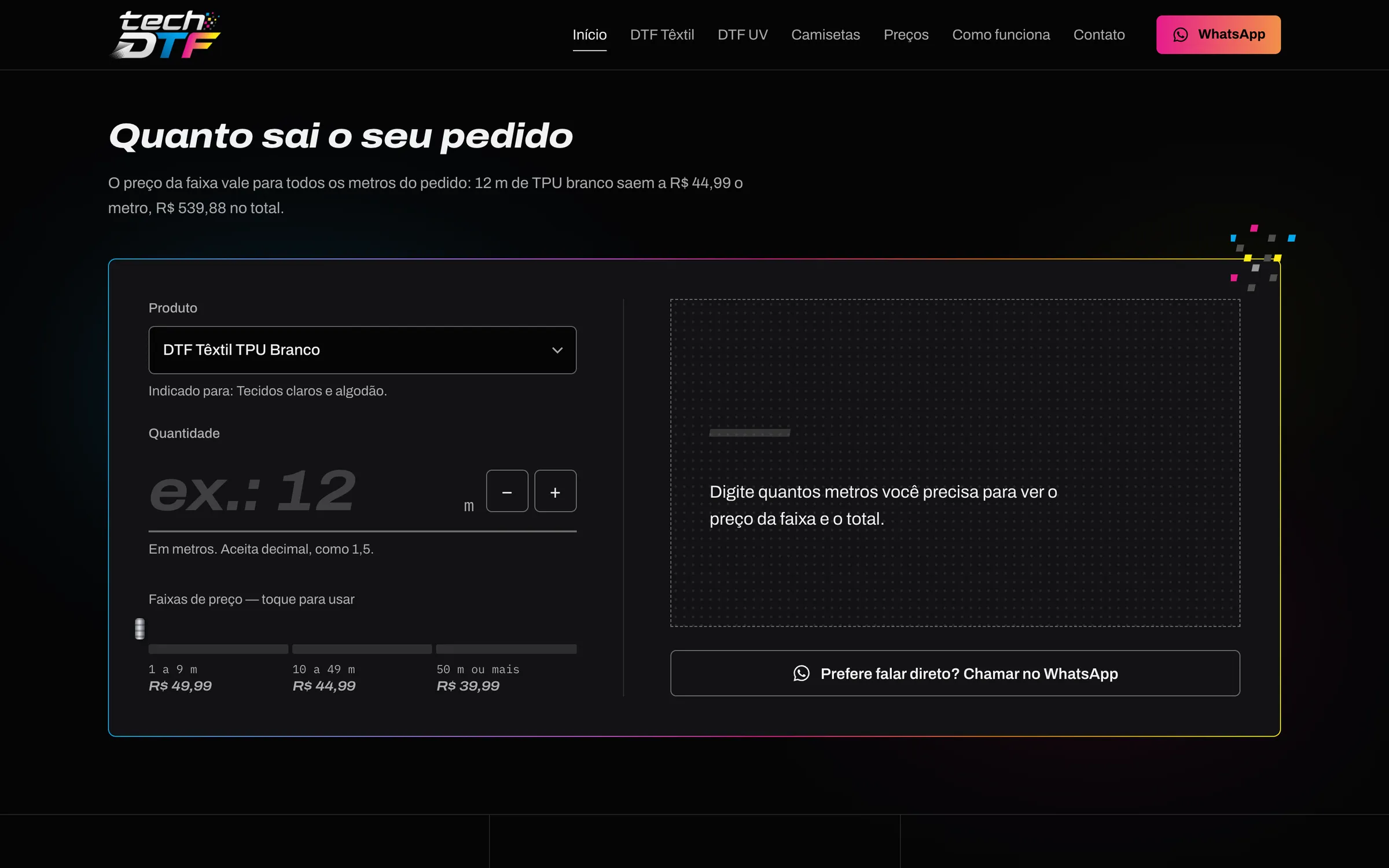 Calculadora “Quanto sai o seu pedido” com produto, metragem e faixas de preço