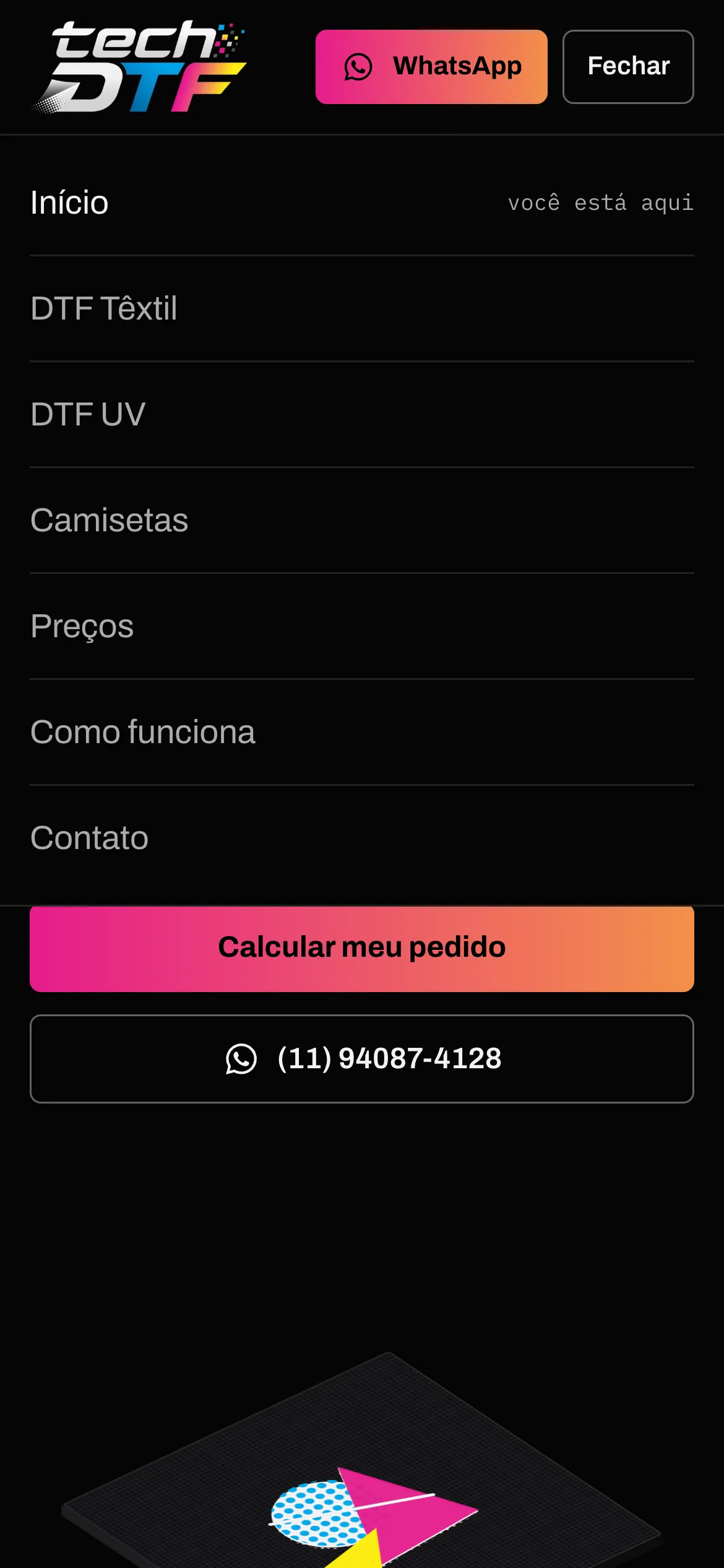 Menu aberto do site da Tech DTF no celular
