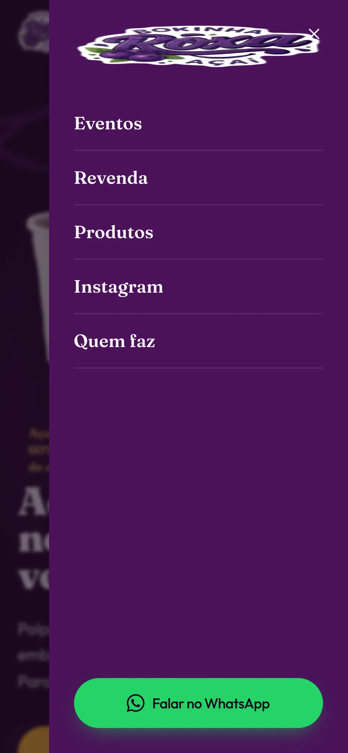 Menu aberto do site da Bokinha Roxa no celular