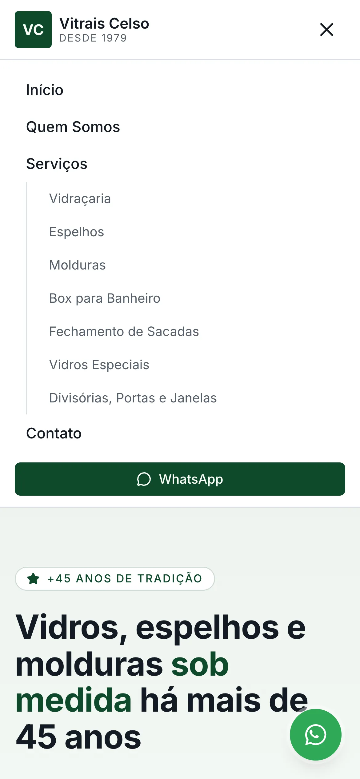 Menu aberto do site da Vitrais Celso no celular, com a lista de serviços