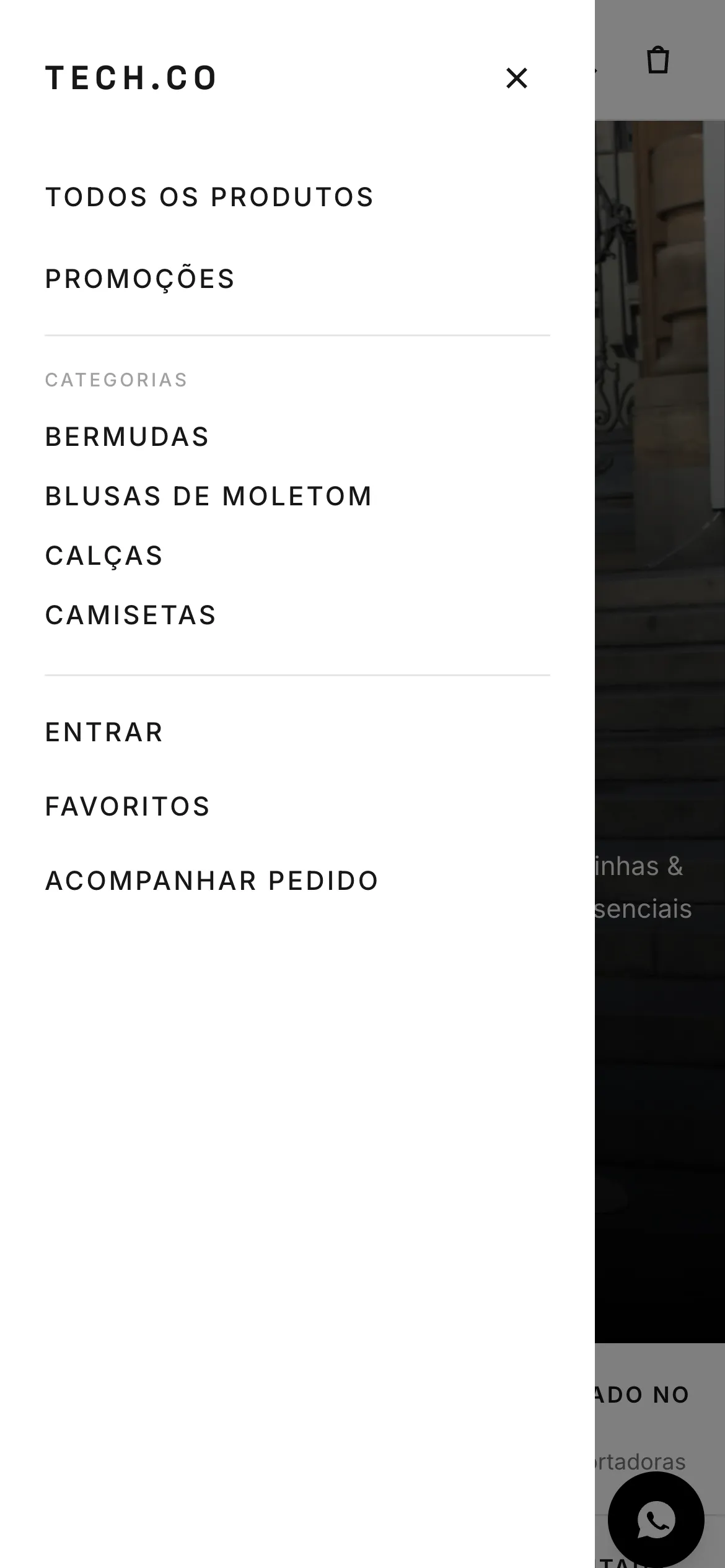 Menu lateral aberto da loja Tech.co no celular