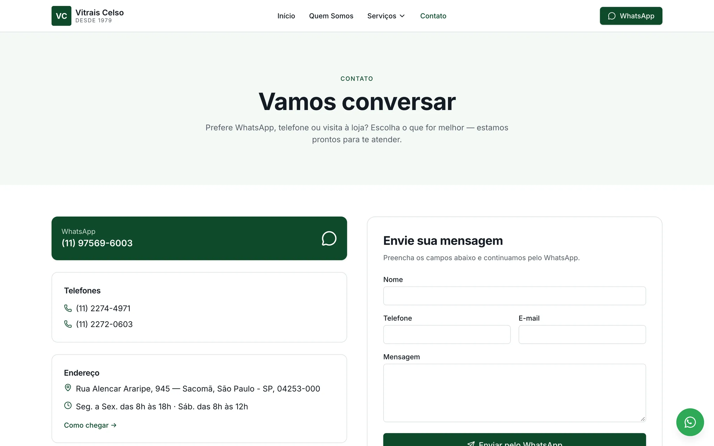 Página de contato com WhatsApp, telefones, endereço e formulário