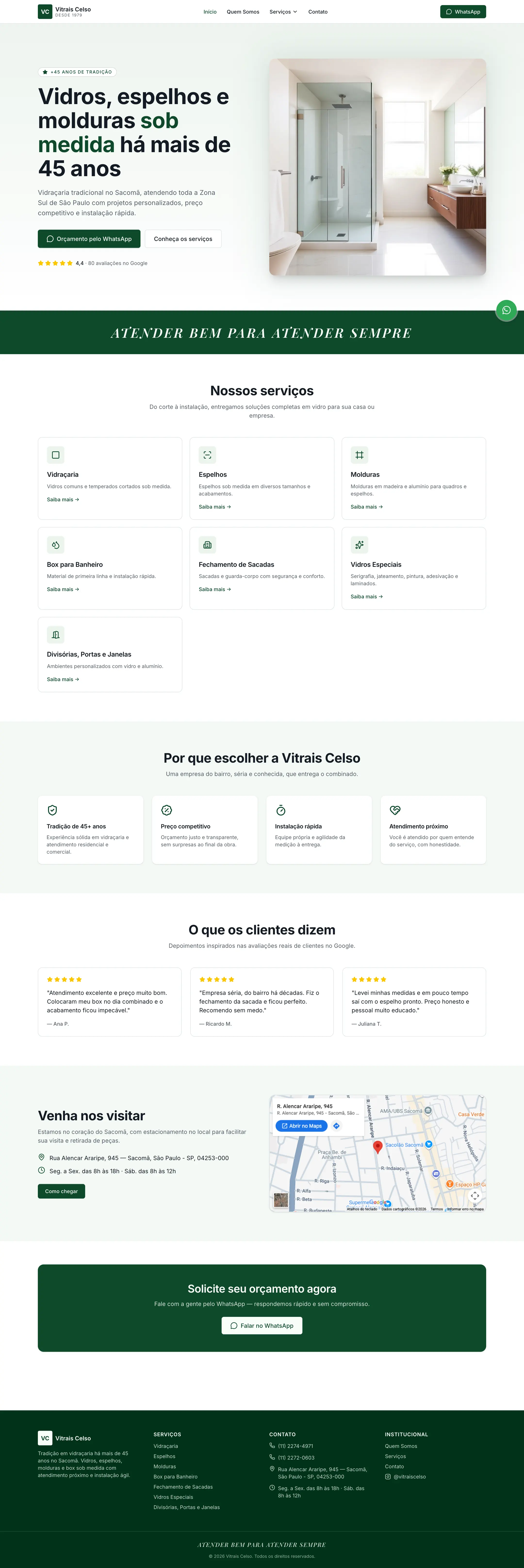 Página inicial inteira da Vitrais Celso em computador