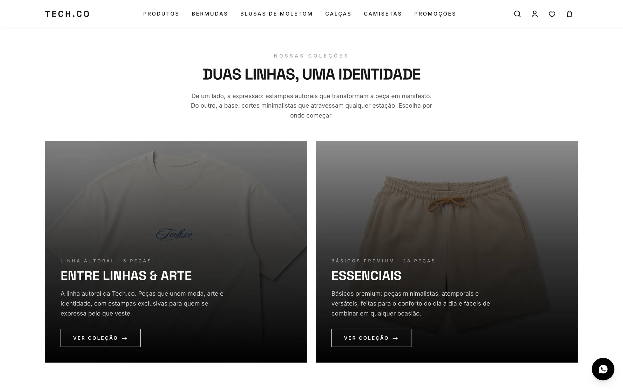 Seção “Duas linhas, uma identidade” com as coleções