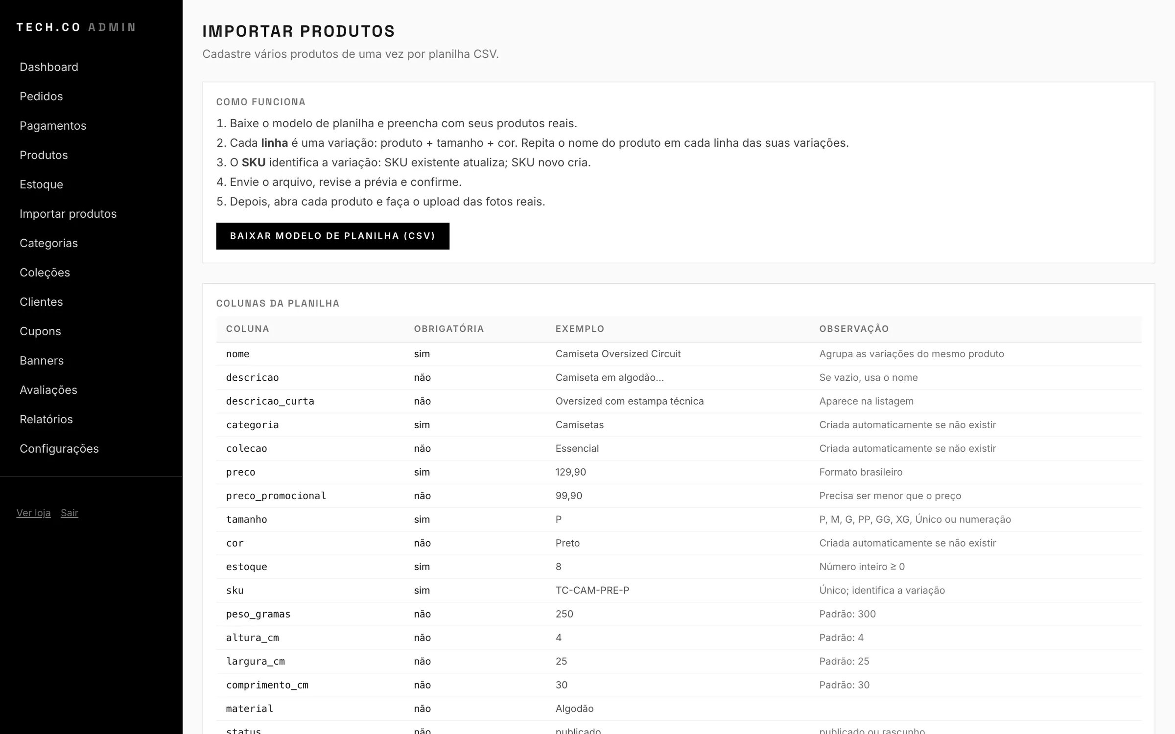 Painel administrativo: importação de produtos por planilha CSV