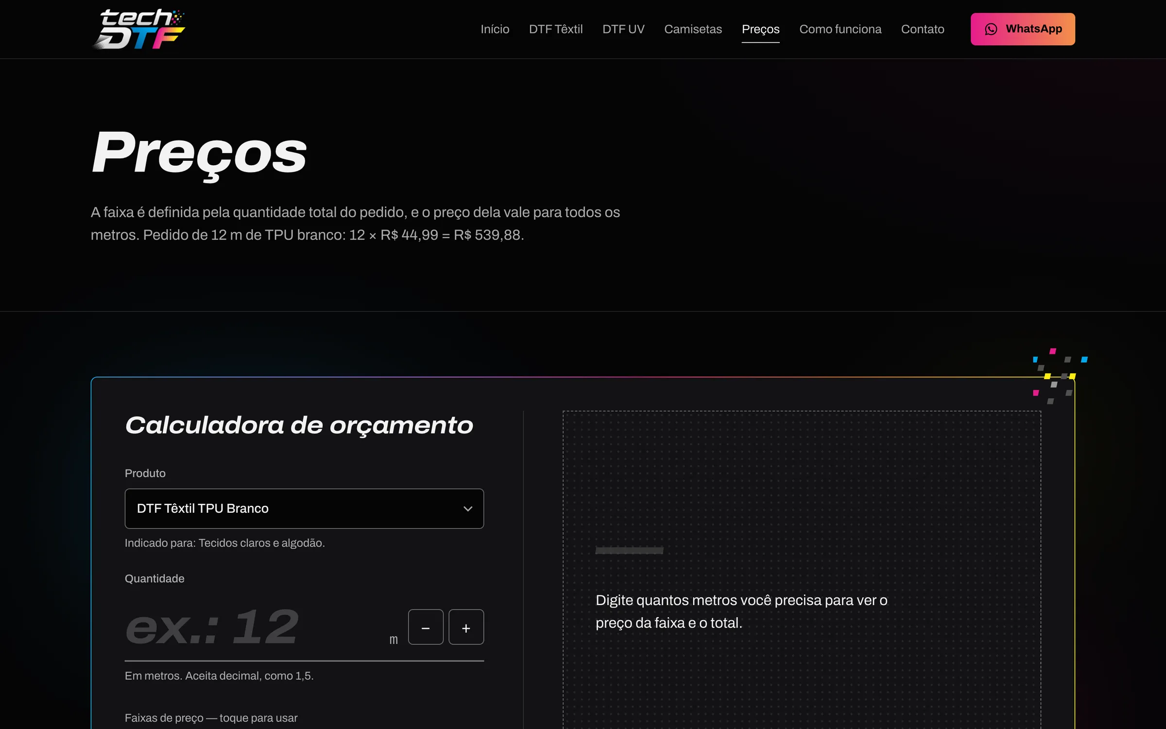 Página de preços com a calculadora de orçamento