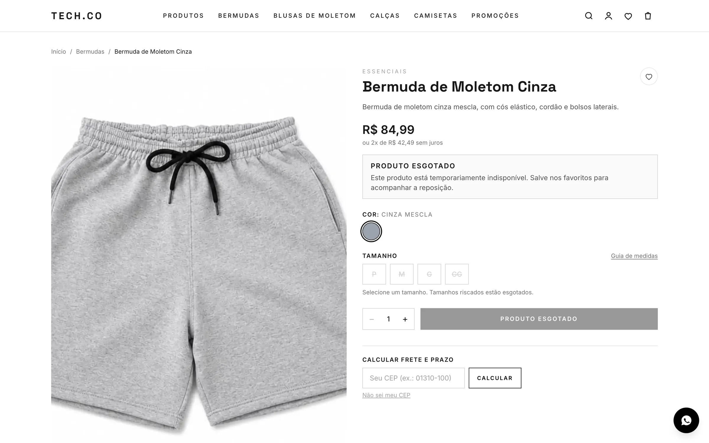 Página de produto com cor, tamanhos, quantidade e cálculo de frete