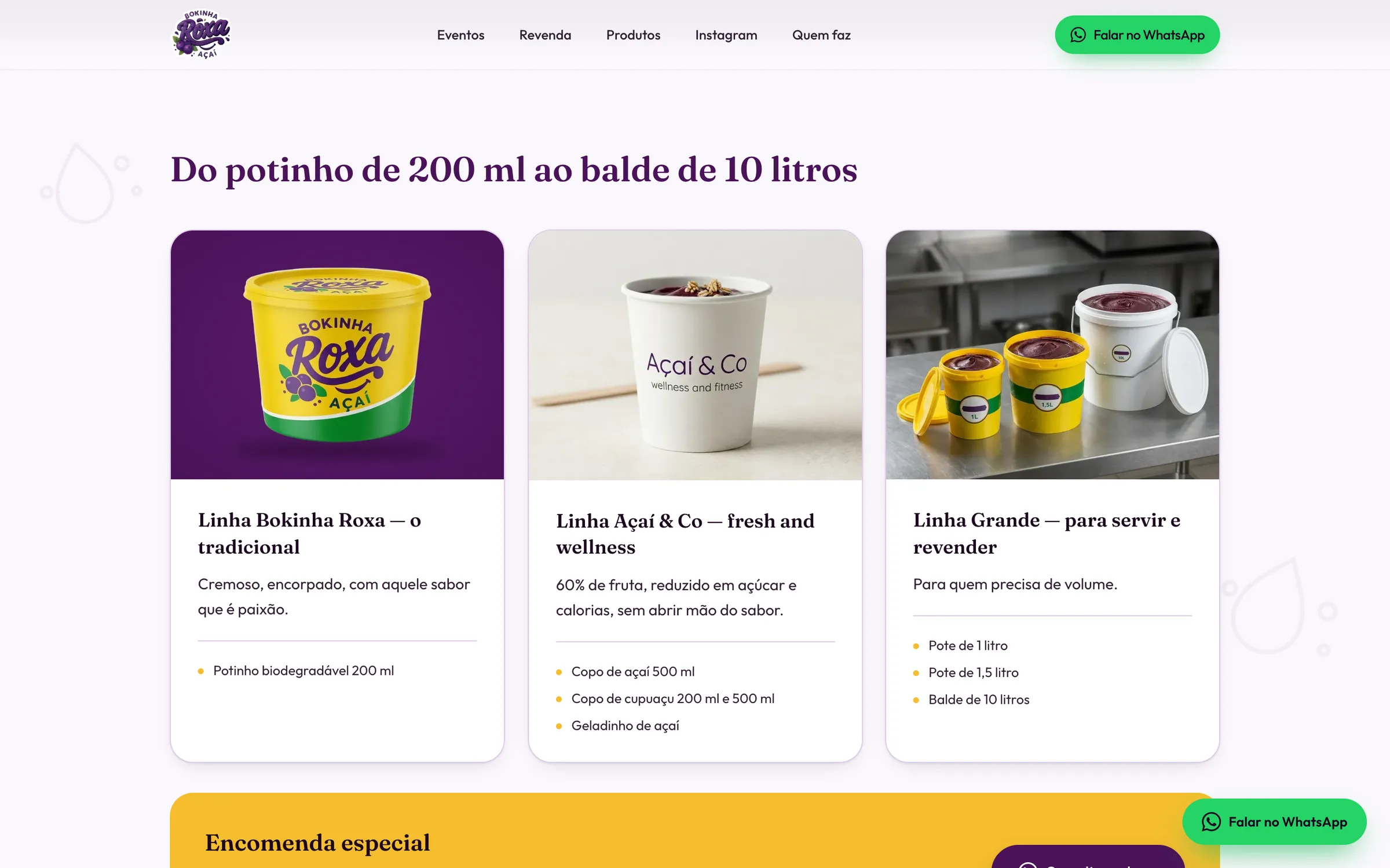 Seção de linhas de produto, do potinho de 200 ml ao balde de 10 litros