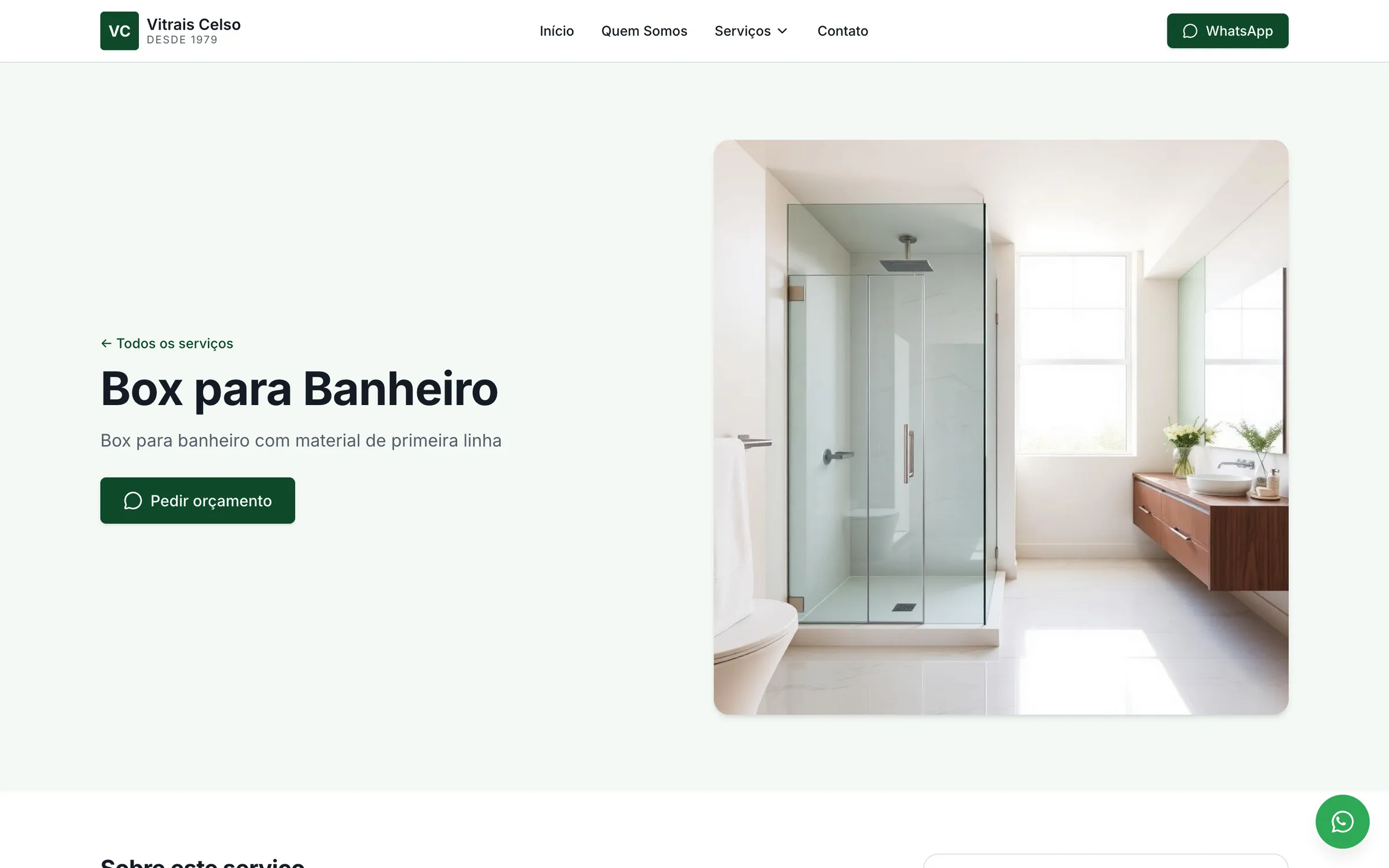 Página do serviço Box para Banheiro