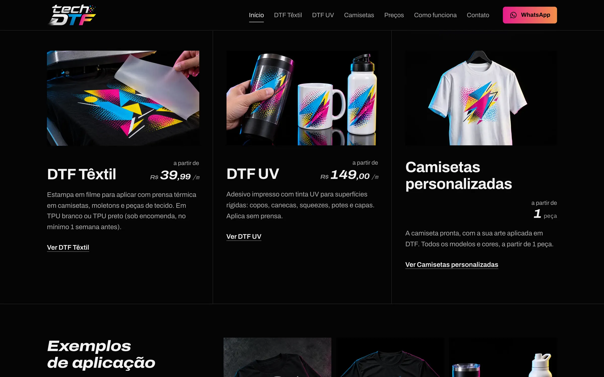 Cards dos serviços: DTF Têxtil, DTF UV e camisetas personalizadas