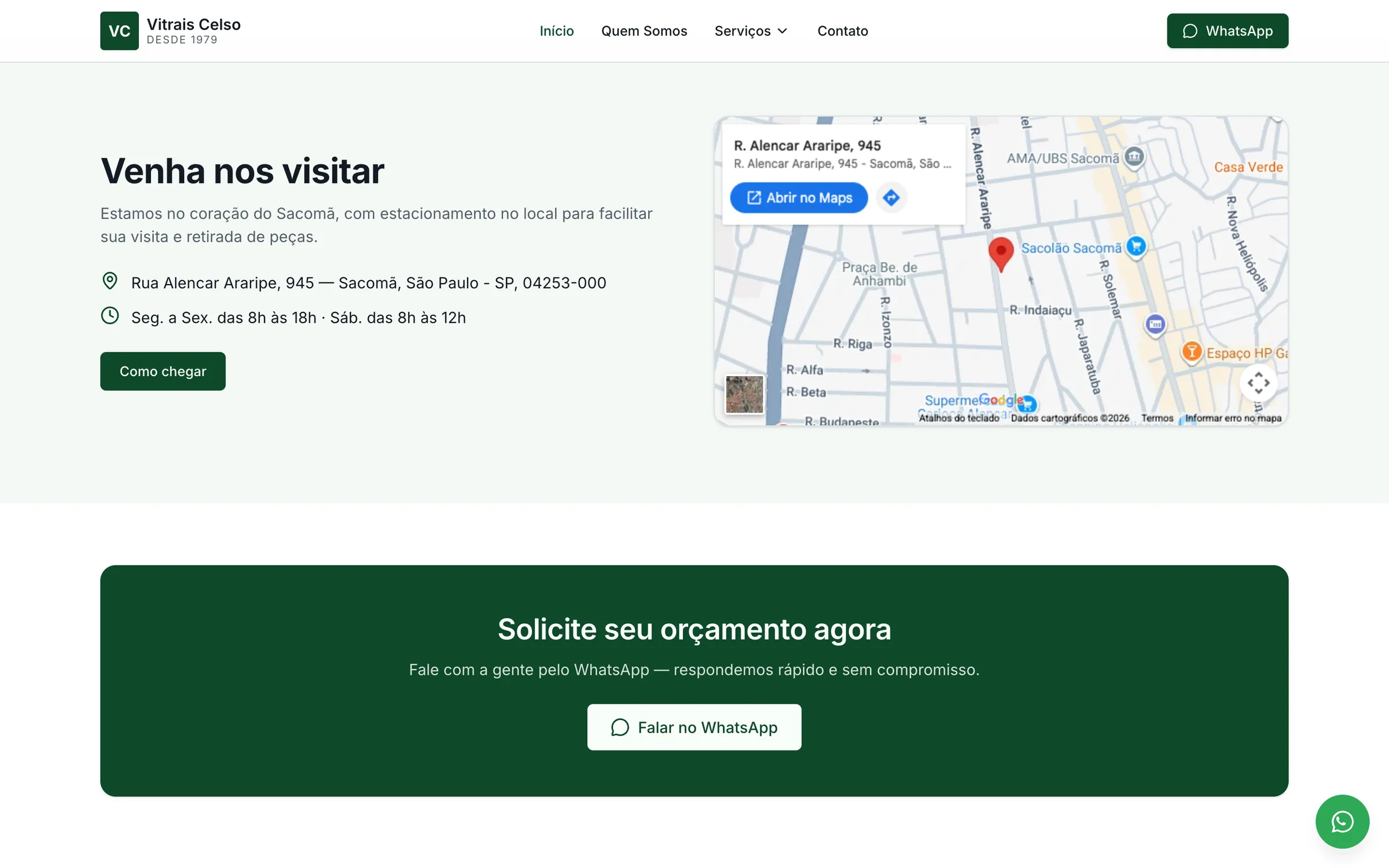 Seção “Venha nos visitar” com o mapa e o endereço